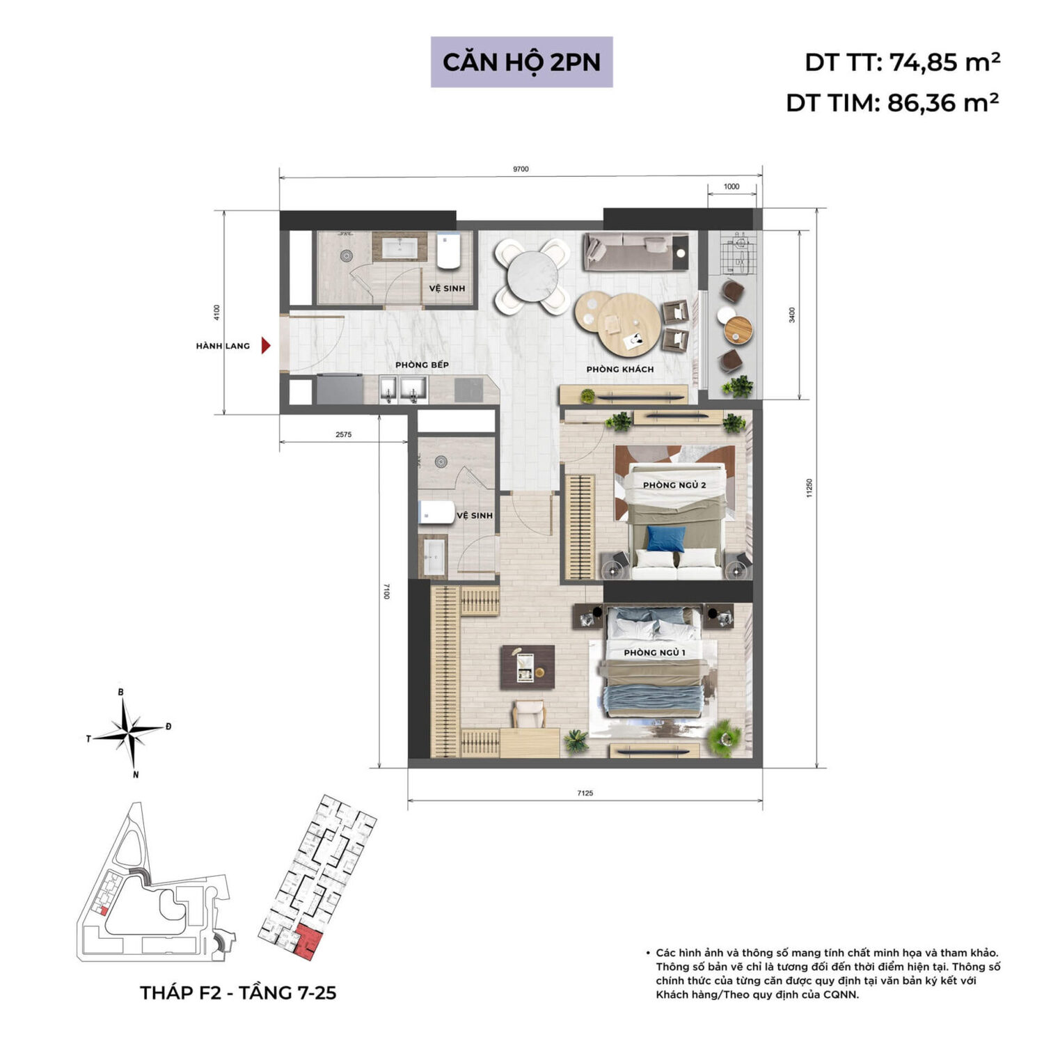 Trang chủ 86 Mặt bằng chi tiết căn hộ Taseco Trung Văn 2 phòng ngủ
